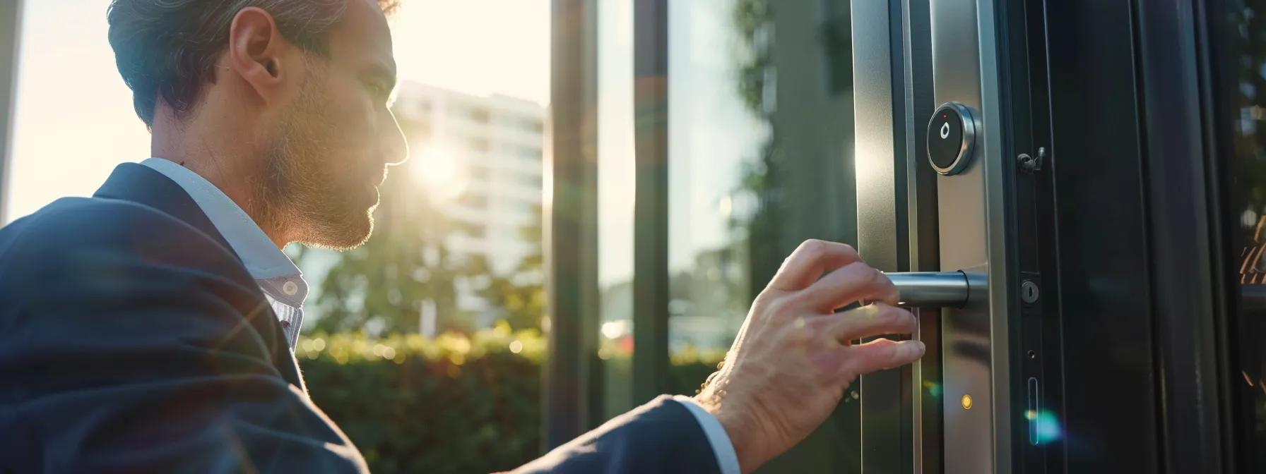 A person operating a keypad smart lock on a modern front door